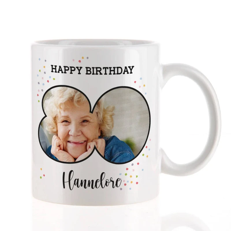 Fototasse zum 80. Geburtstag mit Name und Happy Birthday-Schriftzug