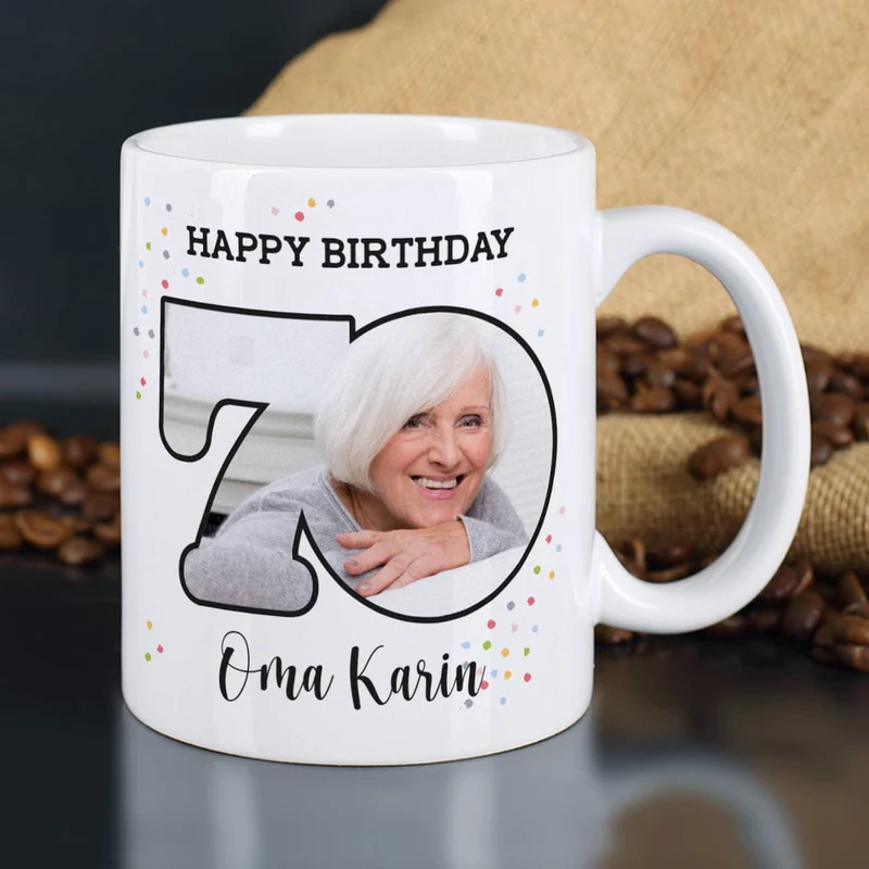 Happy Birthday 70 - Fototasse zum Geburtstag mit Name