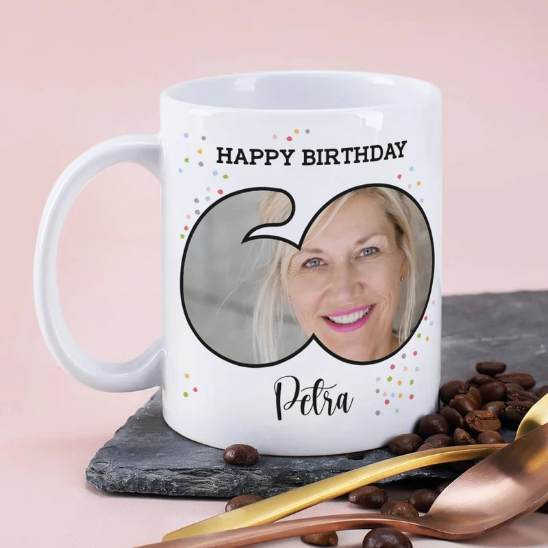 Fototasse zum 60. Geburtstag mit Name und Happy Birthday