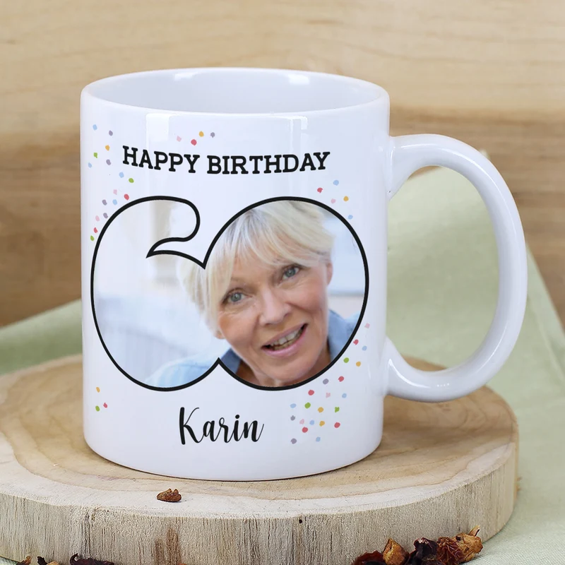Fototasse zum 60. Geburtstag mit Name und Happy Birthday