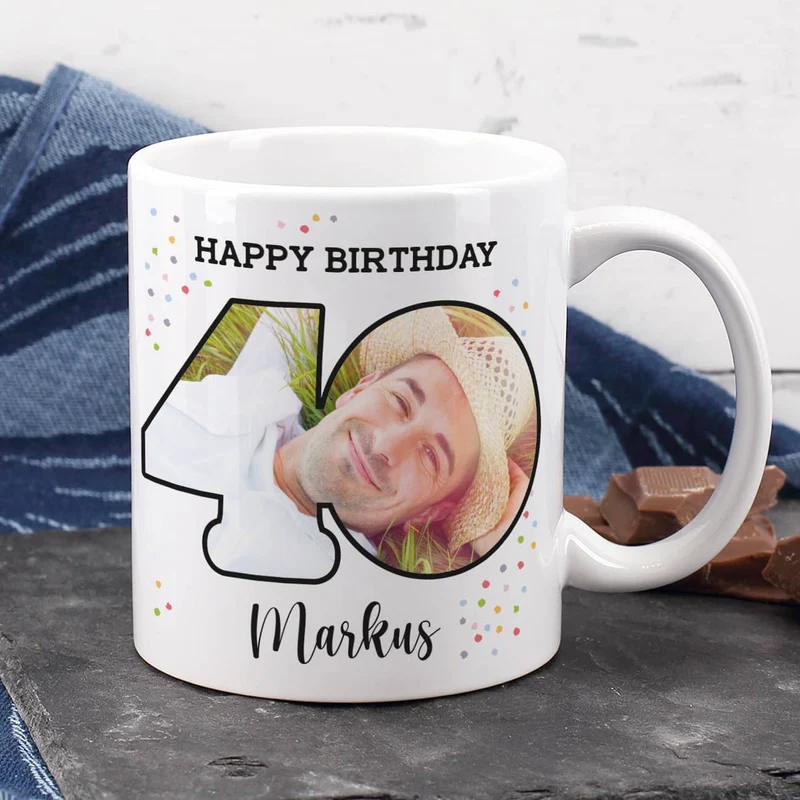 Fototasse zum 40. Geburtstag mit Name und Happy Birthday