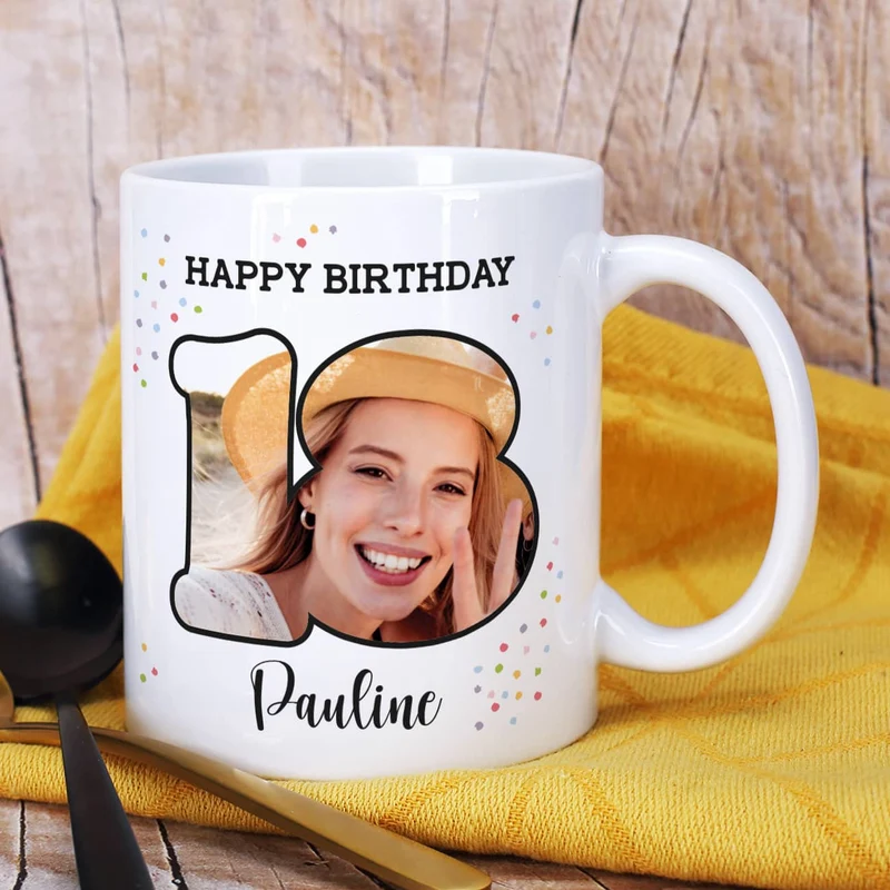 Fototasse zum 18. Geburtstag mit Name und Happy Birthday