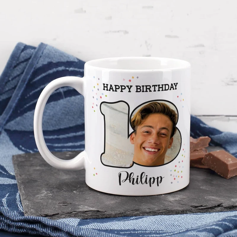 Fototasse zum 18. Geburtstag mit Name und Happy Birthday