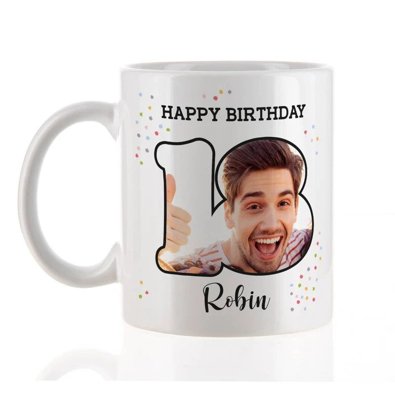 Fototasse zum 18. Geburtstag mit Name und Happy Birthday