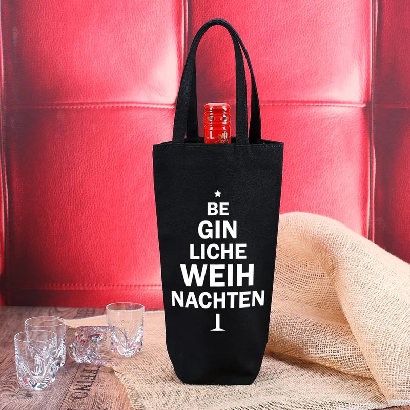 Schwarzer Flaschenbeutel mit weihnachtlichem GIN Spruch bedruckt