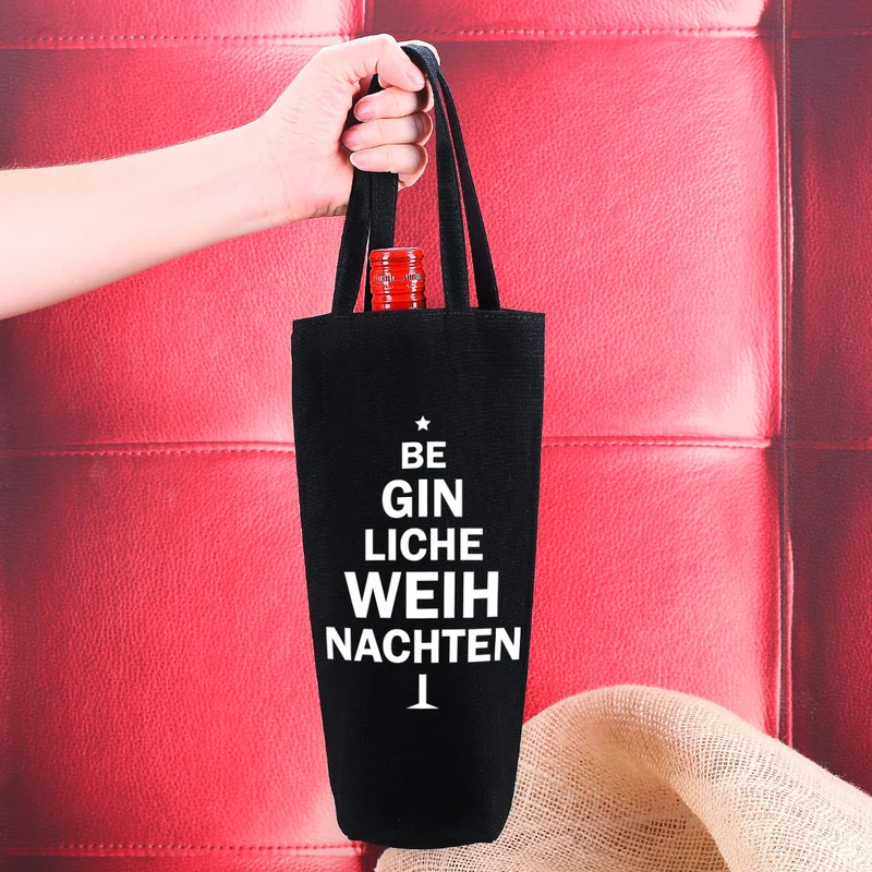 Schwarzer Flaschenbeutel mit weihnachtlichem GIN Spruch bedruckt