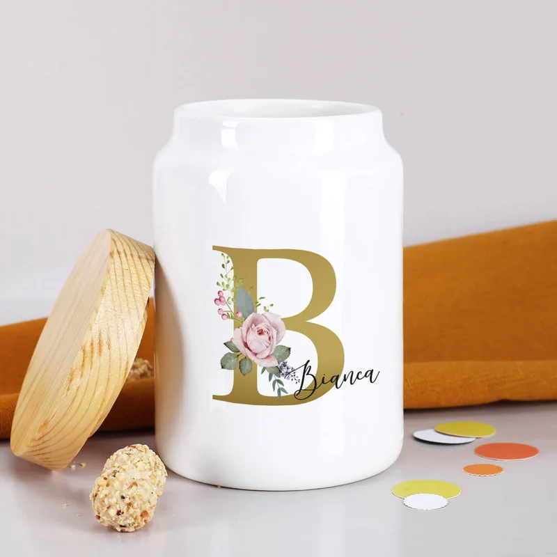 Keramikdose mit Rosen-Monogramm und Name