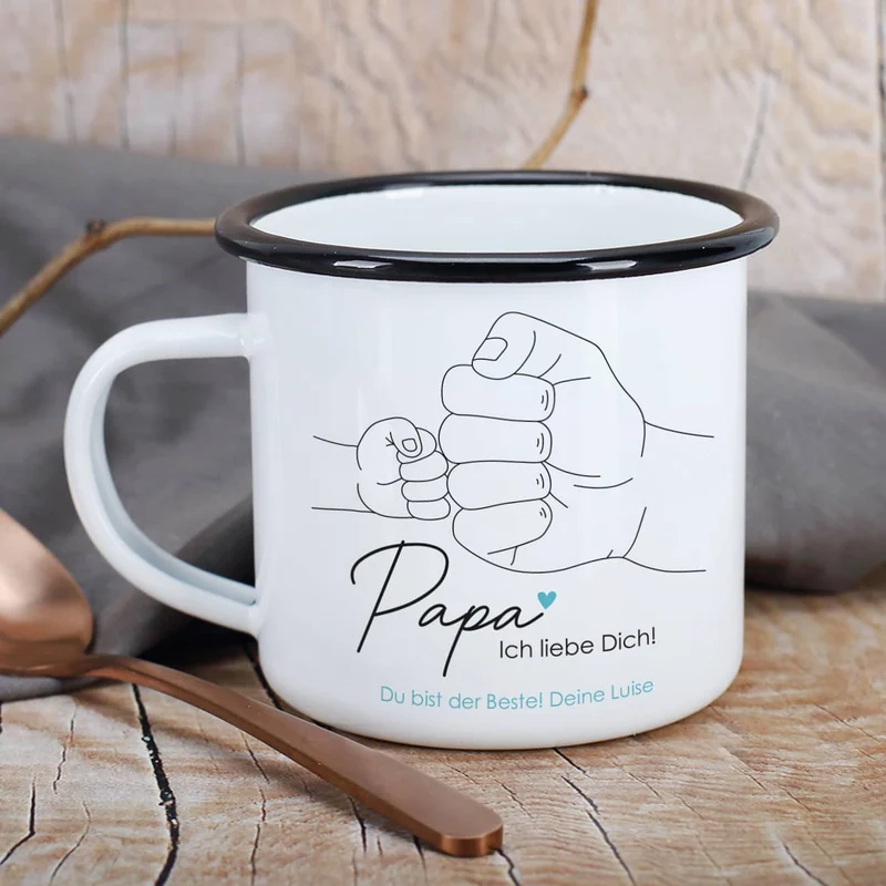 Metalltasse "Papa Ich liebe Dich!" mit Lineart Händen zum Vatertag