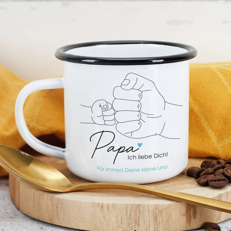 Metalltasse "Papa Ich liebe Dich!" mit Lineart Händen zum Vatertag