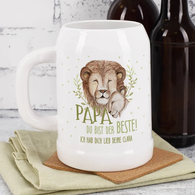 Papa du bist der Beste! - Bierkrug mit Löwenmotiv und Wunschtext