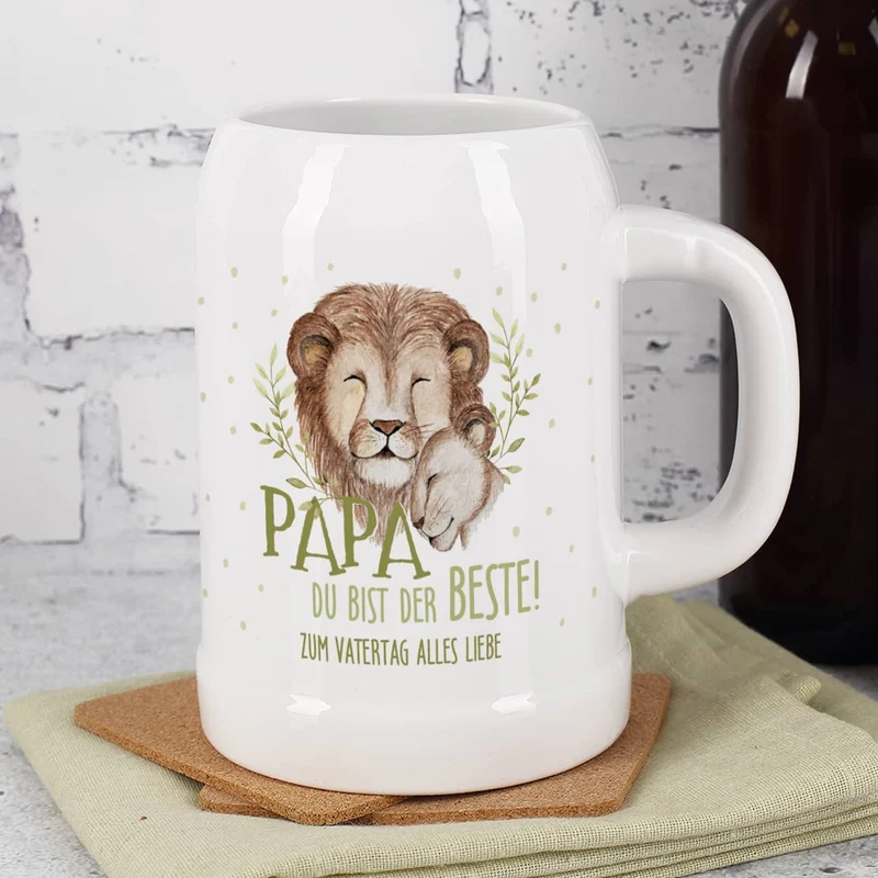 Papa du bist der Beste! - Bierkrug mit Löwenmotiv und Wunschtext