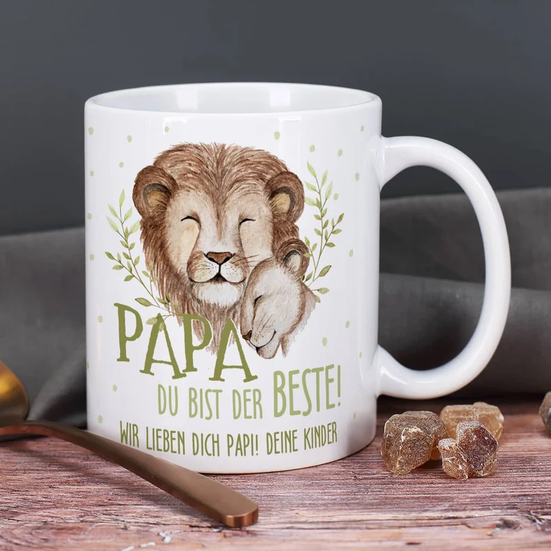 Papa du bist der Beste! - Tasse mit Löwenmotiv und Wunschtext