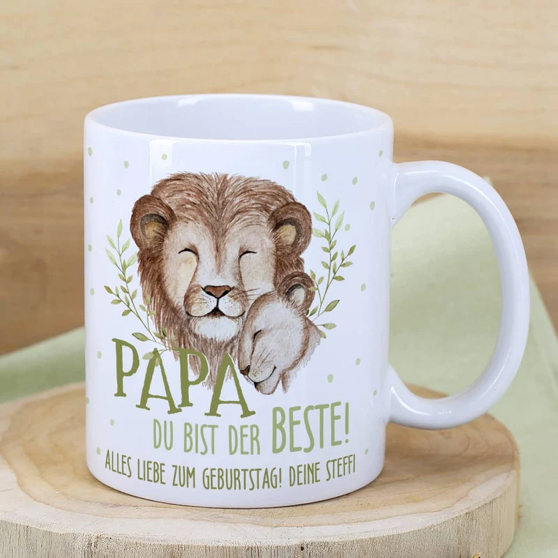 Papa du bist der Beste! - Tasse mit Löwenmotiv und Wunschtext