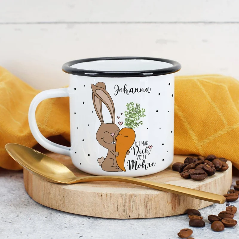 Ich mag Dich volle Möhre! - Emailletasse mit Wunschname