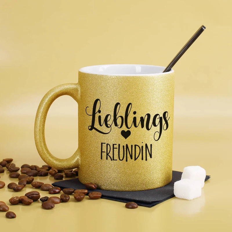 Lieblings - Glitzertasse mit Ihrem Wunschtext