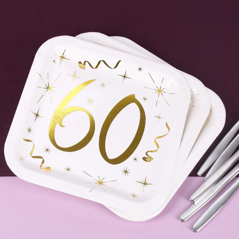 Quadratische Pappteller mit Gold-Metallic zum 60. Geburtstag