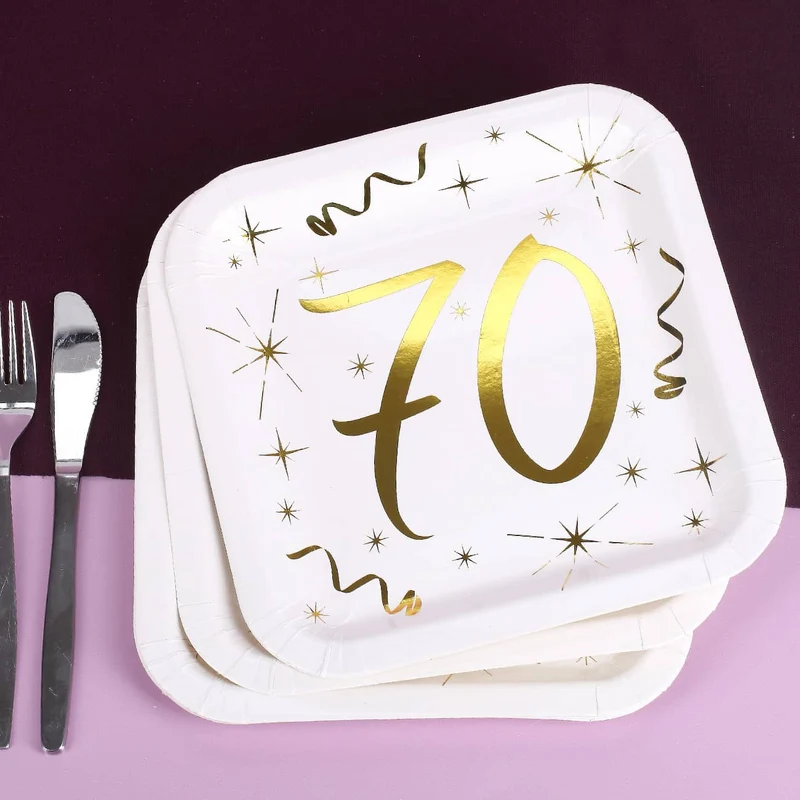 Quadratische Pappteller mit Gold-Metallic zum 70. Geburtstag