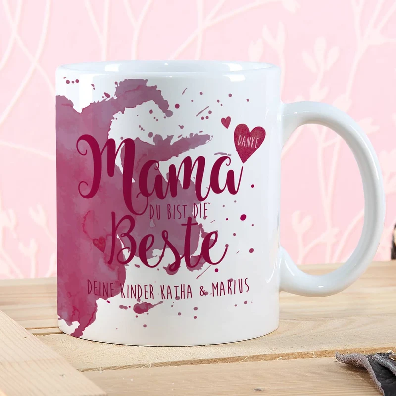 Tasse "Mama Du bist die Beste" mit Wunschtext in verschiedenen Farben