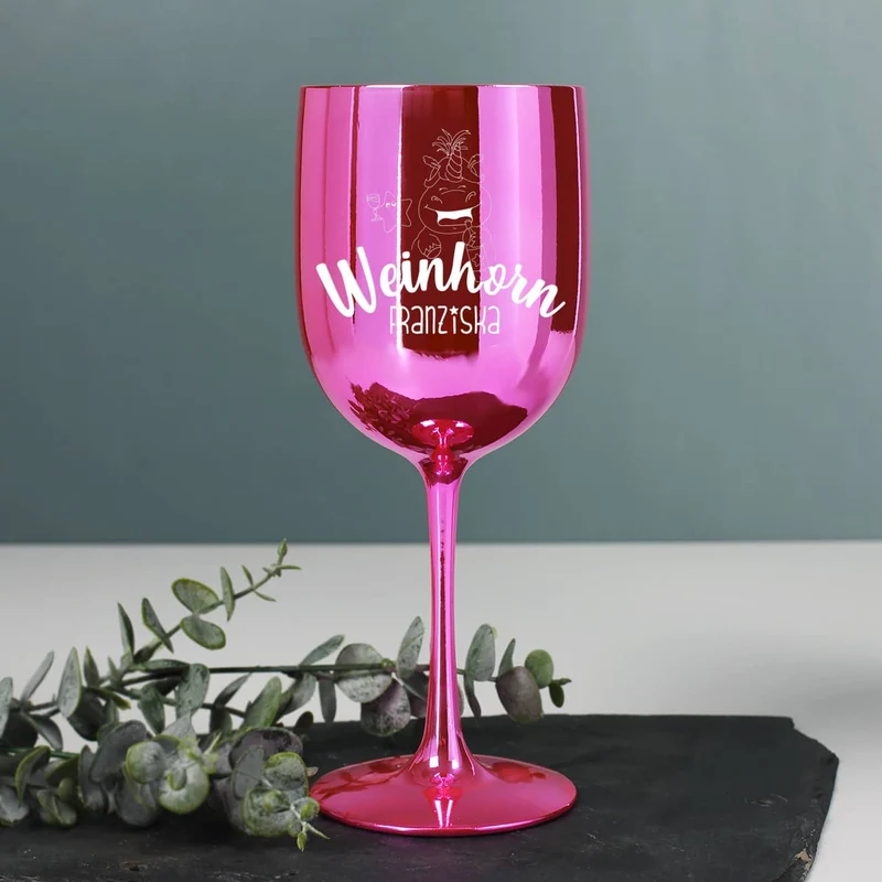 Weinhorn - glänzender, pinker Weinkelch mit Knuddelhorn und Name
