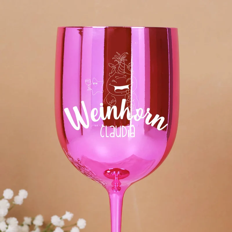 Weinhorn - glänzender, pinker Weinkelch mit Knuddelhorn und Name