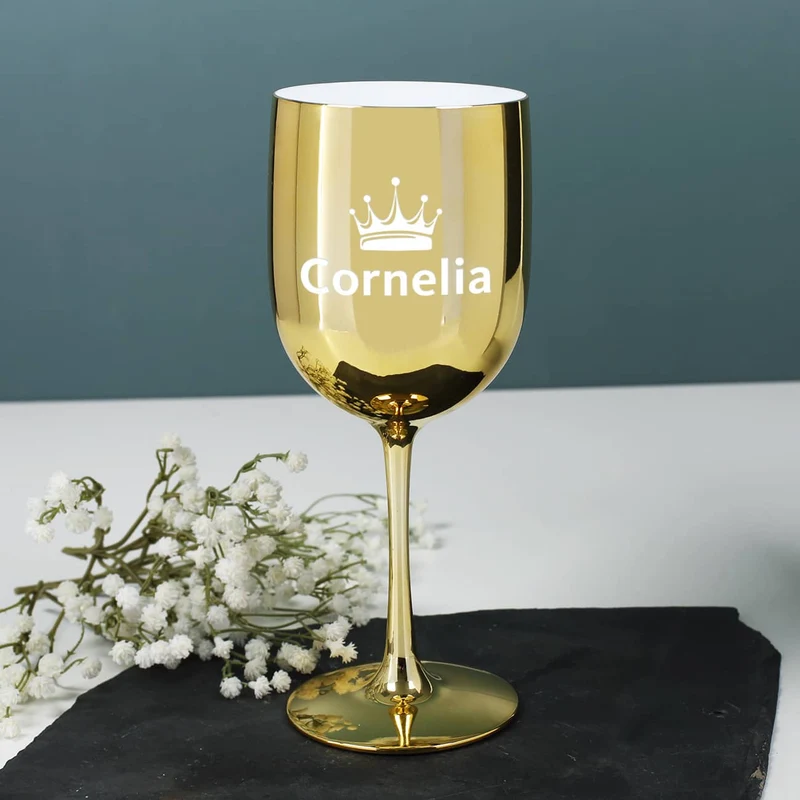 Glänzender Weinkelch in pink oder gold mit Krone und Wunschname