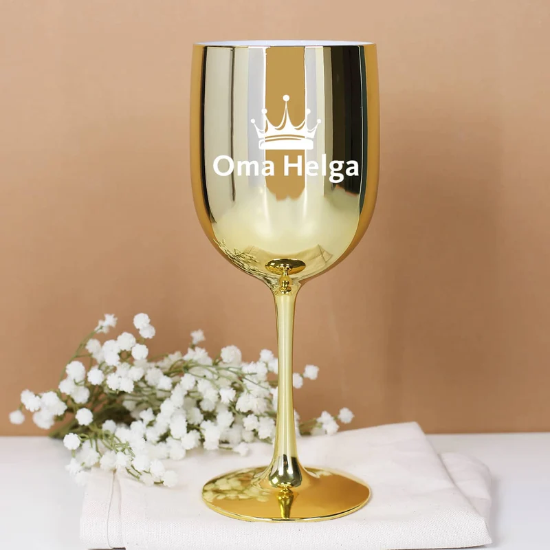 Glänzender Weinkelch in pink oder gold mit Krone und Wunschname