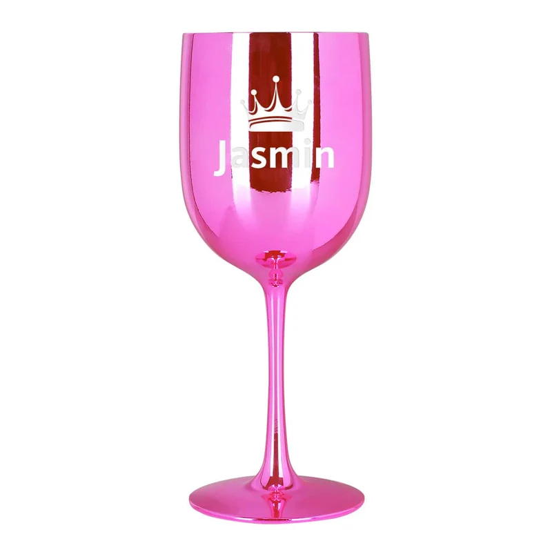 Glänzender Weinkelch in pink oder gold mit Krone und Wunschname
