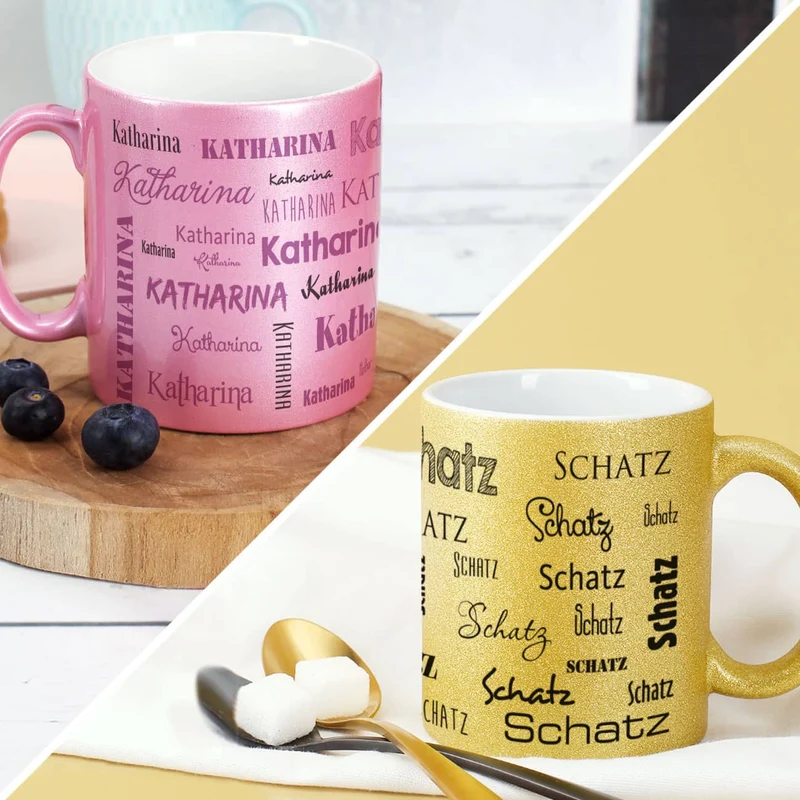 Tasse mit Namensaufdruck in Metallic Pink oder Gold