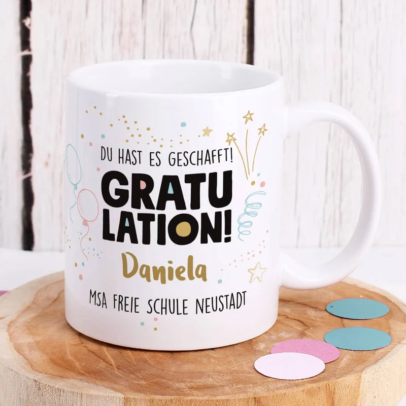 Gratulation, du hast es geschafft! Tasse mit Name und Wunschtext