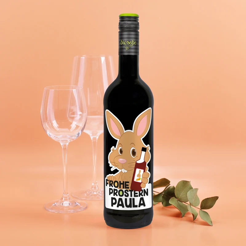 Frohe Prostern - Weinflasche zu Ostern mit bedrucktem Etikett | Biorebe Wein als Geschenk