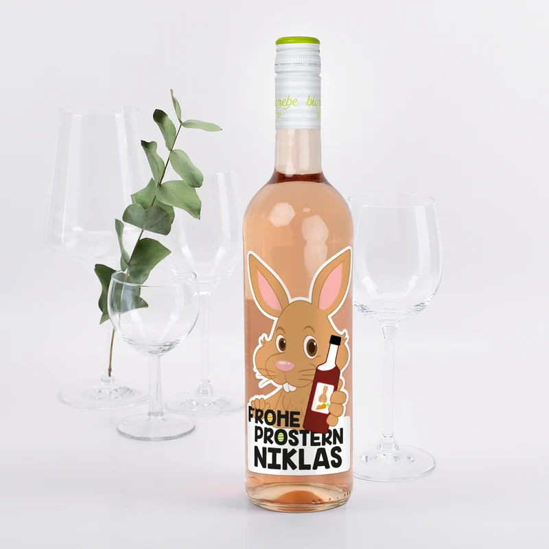 Frohe Prostern - Weinflasche zu Ostern mit bedrucktem Etikett | Biorebe Wein als Geschenk