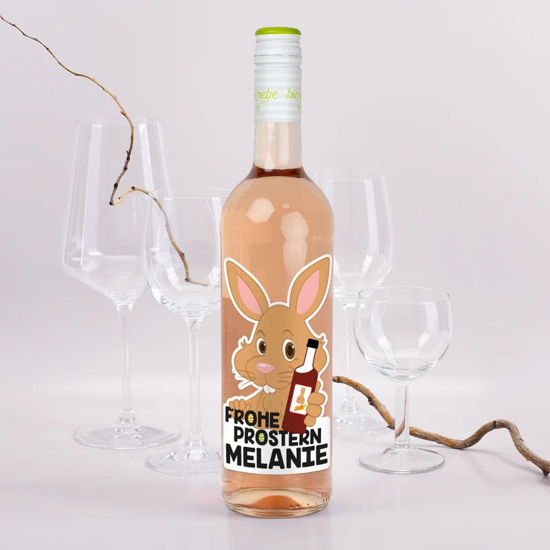 Frohe Prostern - Weinflasche zu Ostern mit bedrucktem Etikett | Biorebe Wein als Geschenk
