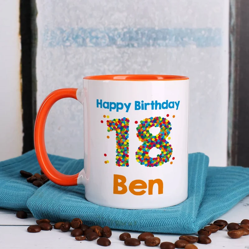 Tasse zum 18. Geburtstag - mit bunter Konfetti-Zahl