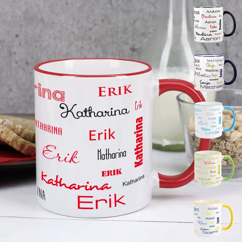 Tasse mit zwei Namen in verschiedenen Schriftarten