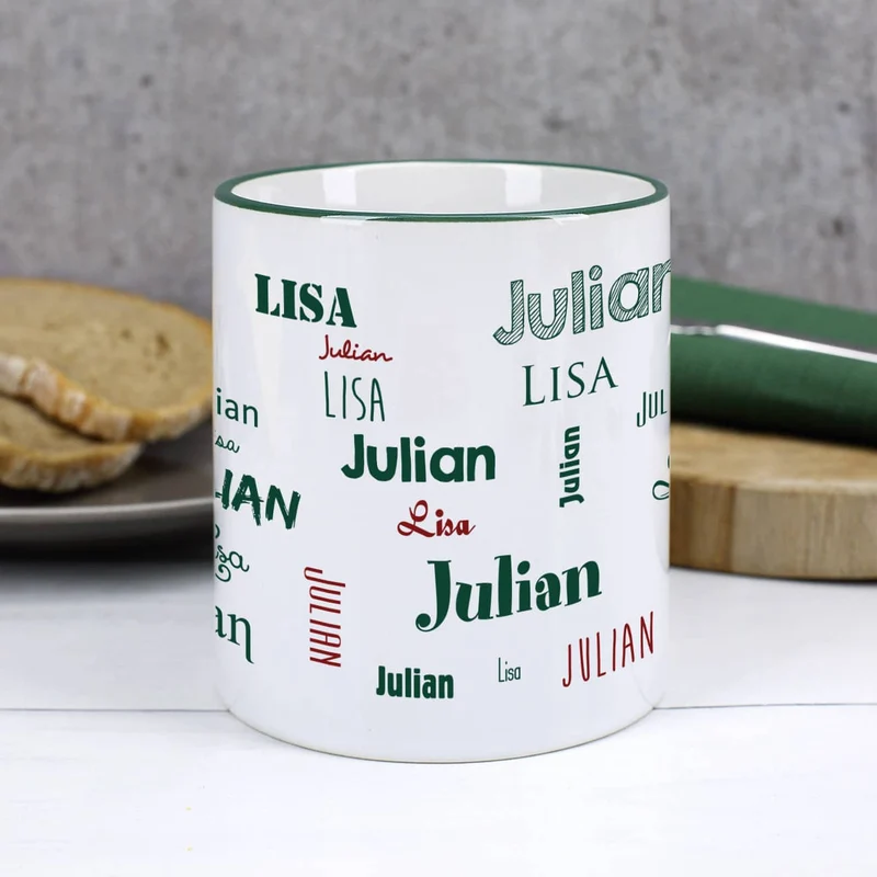 Tasse mit zwei Namen in verschiedenen Schriftarten