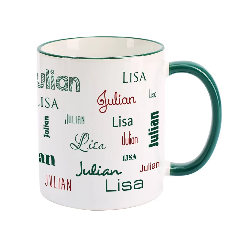 Tasse mit zwei Namen in verschiedenen Schriftarten