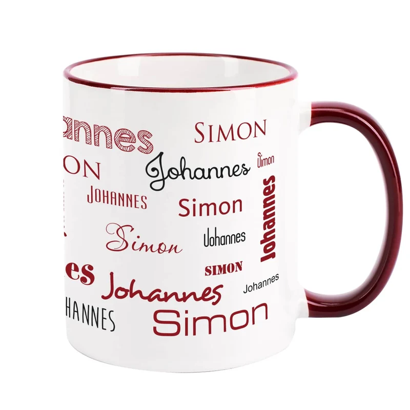 Tasse mit zwei Namen in verschiedenen Schriftarten