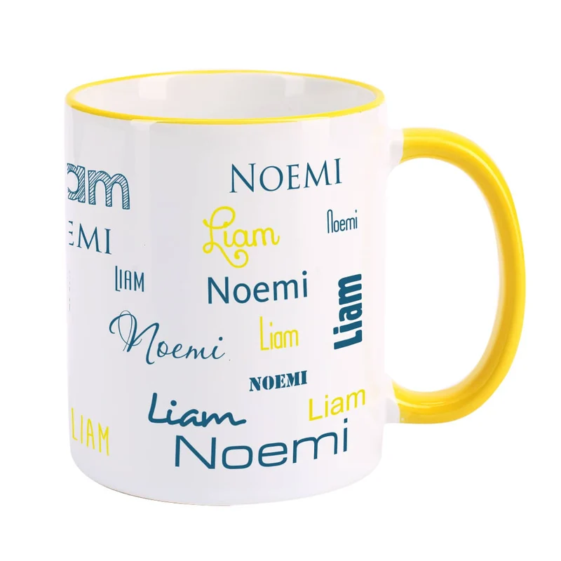 Tasse mit zwei Namen in verschiedenen Schriftarten