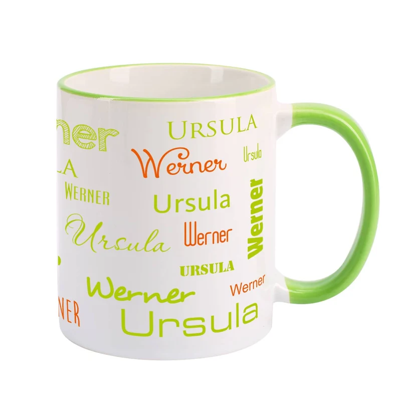 Tasse mit zwei Namen in verschiedenen Schriftarten