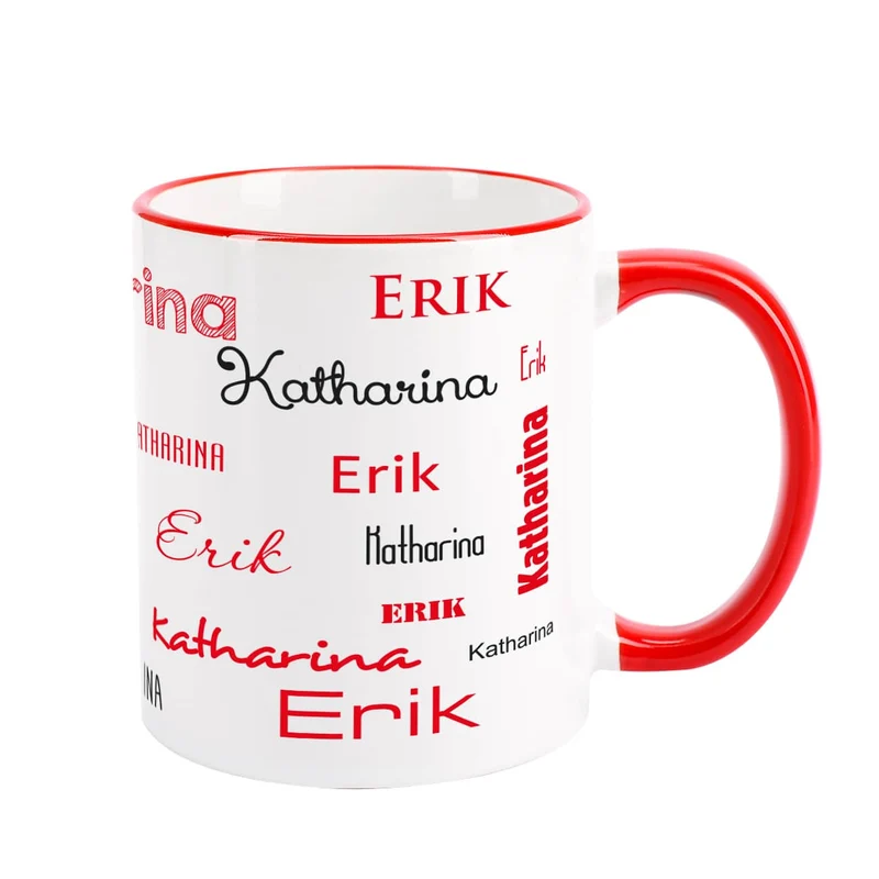Tasse mit zwei Namen in verschiedenen Schriftarten