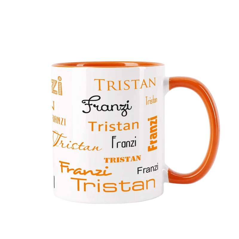 Tasse mit zwei Namen in verschiedenen Schriftarten