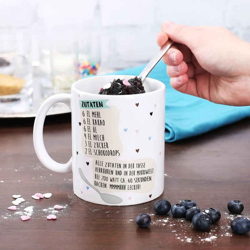 Tasse bedruckt mit Name und Rezept für Tassenbrownie