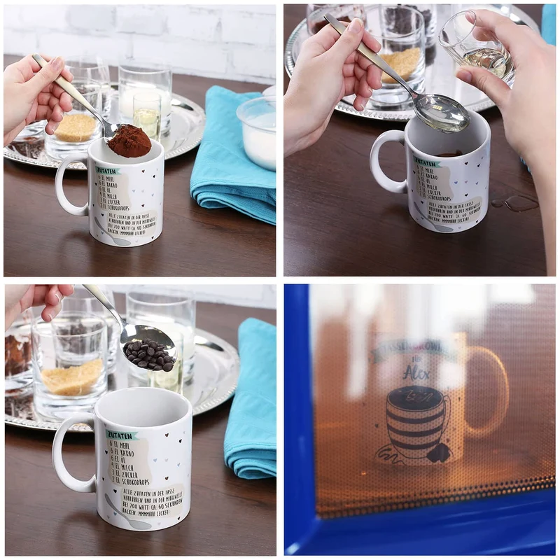 Tasse bedruckt mit Name und Rezept für Tassenbrownie