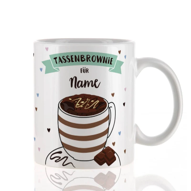 Tasse bedruckt mit Name und Rezept für Tassenbrownie
