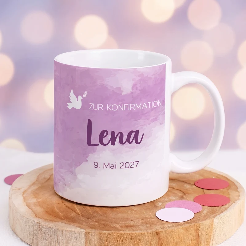 Tasse zur Konfirmation - mit Name und Datum in violett