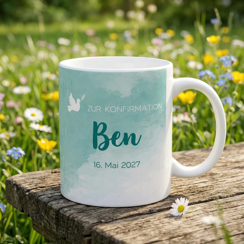 Zur Konfirmation - Tasse mit Name und Datum in türkisblau