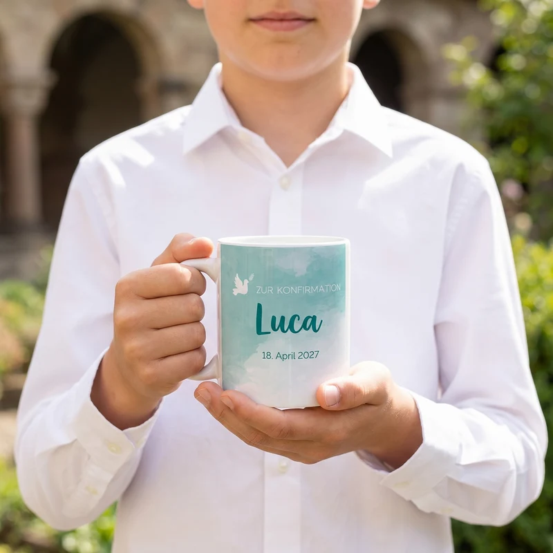 Zur Konfirmation - Tasse mit Name und Datum in türkisblau