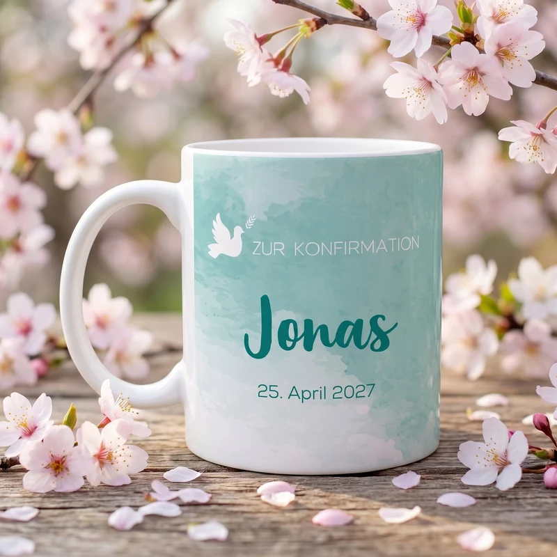 Zur Konfirmation - Tasse mit Name und Datum in türkisblau