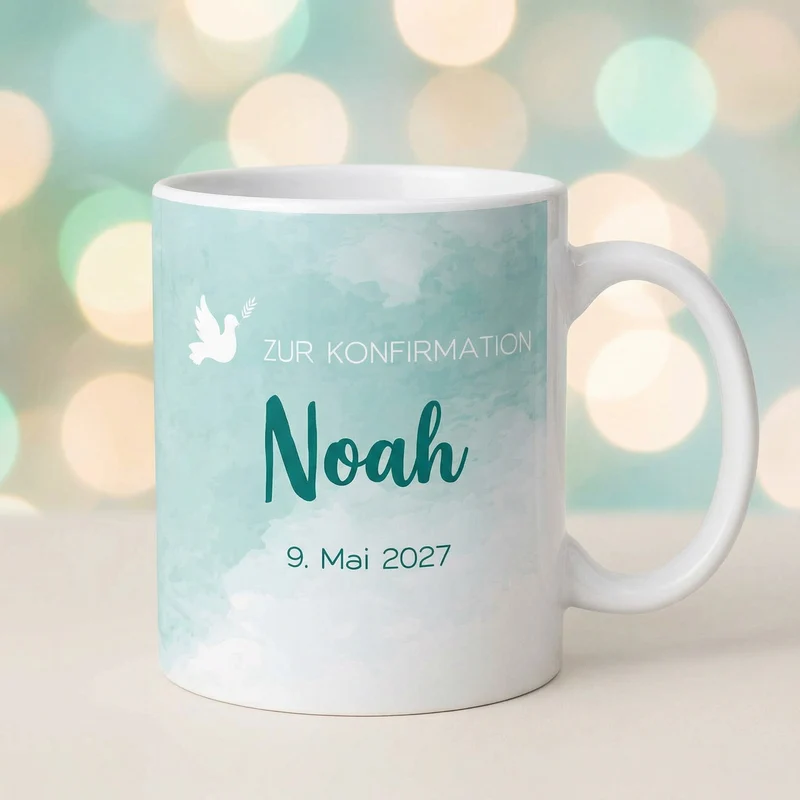 Zur Konfirmation - Tasse mit Name und Datum in türkisblau