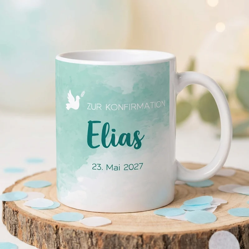 Zur Konfirmation - Tasse mit Name und Datum in türkisblau